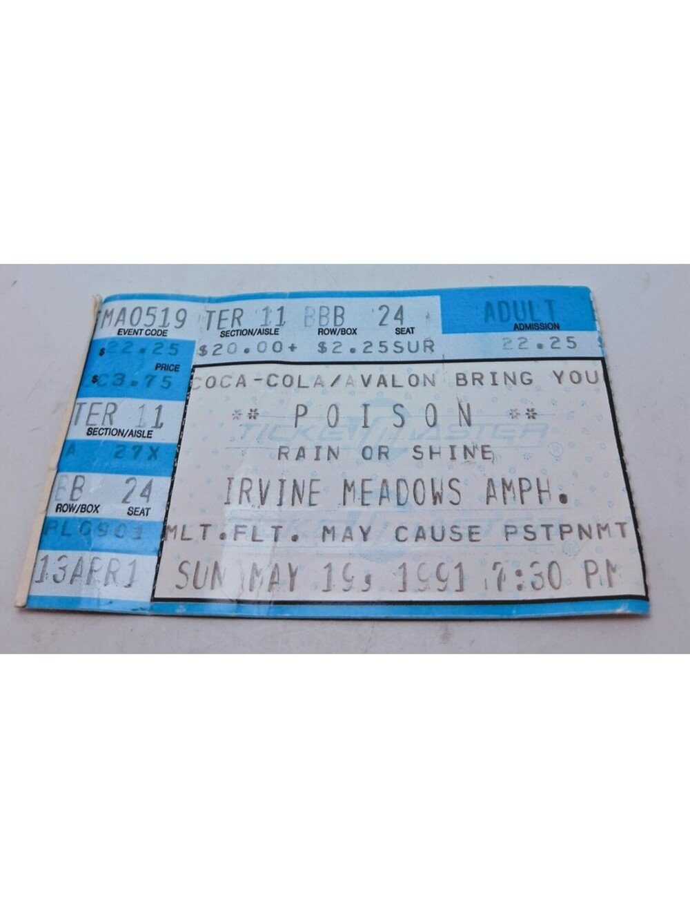 POISON Ticket Stub Coca-Cola Avalon Irvine Meadows Amphitheatre Sun May 19 1991